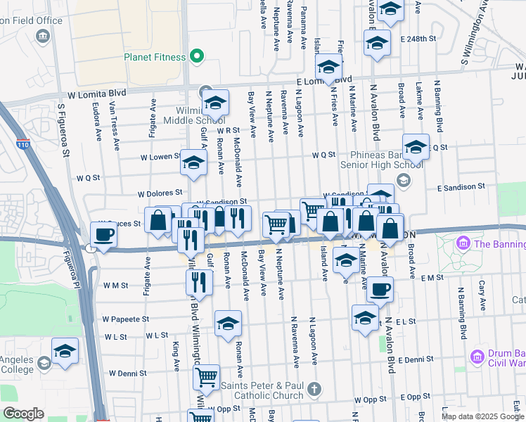 map of restaurants, bars, coffee shops, grocery stores, and more near 1452 Bay View Avenue in Los Angeles
