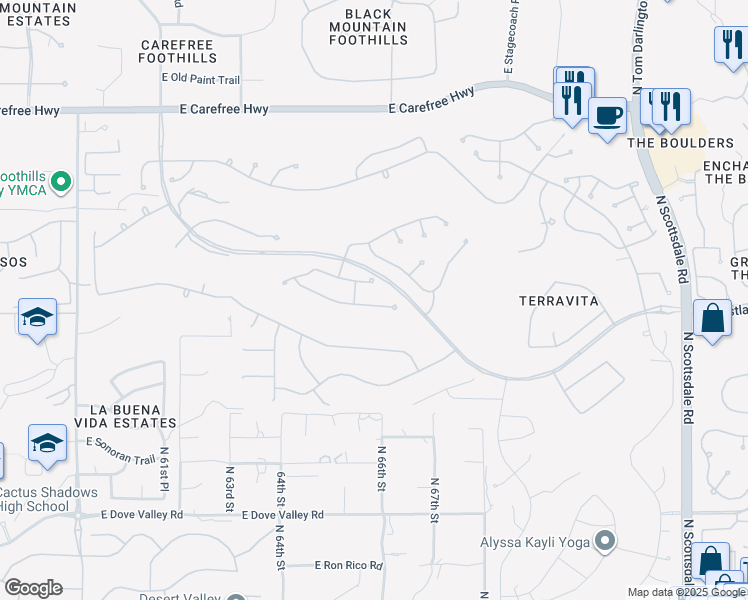 map of restaurants, bars, coffee shops, grocery stores, and more near 6597 Shooting Star Way in Scottsdale