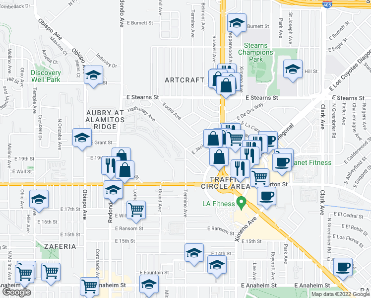 map of restaurants, bars, coffee shops, grocery stores, and more near Hathaway Ave & Termino Ave in Long Beach