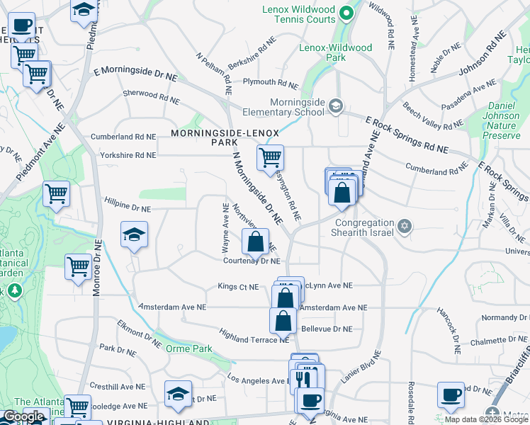 map of restaurants, bars, coffee shops, grocery stores, and more near 1390 North Morningside Drive Northeast in Atlanta