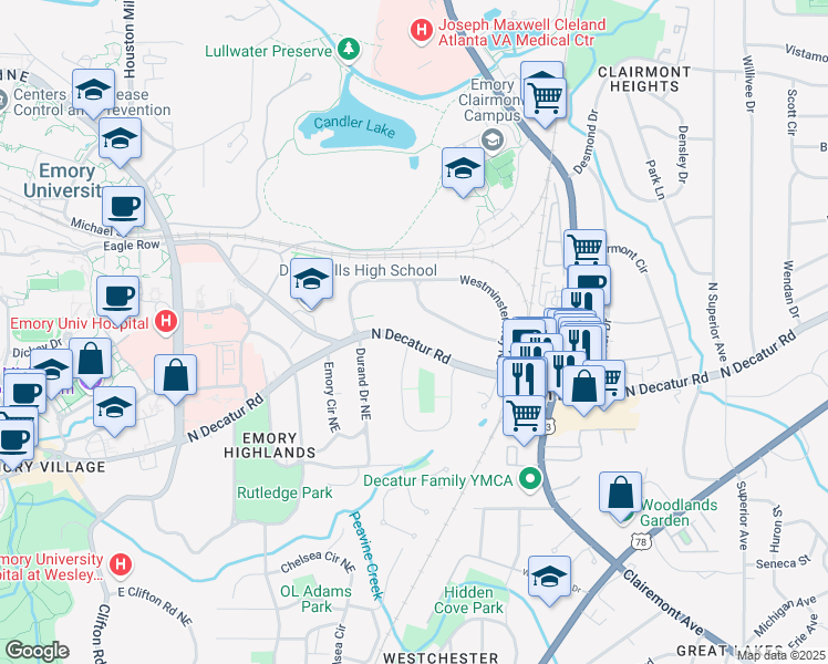 map of restaurants, bars, coffee shops, grocery stores, and more near 1946 North Decatur Road in Atlanta