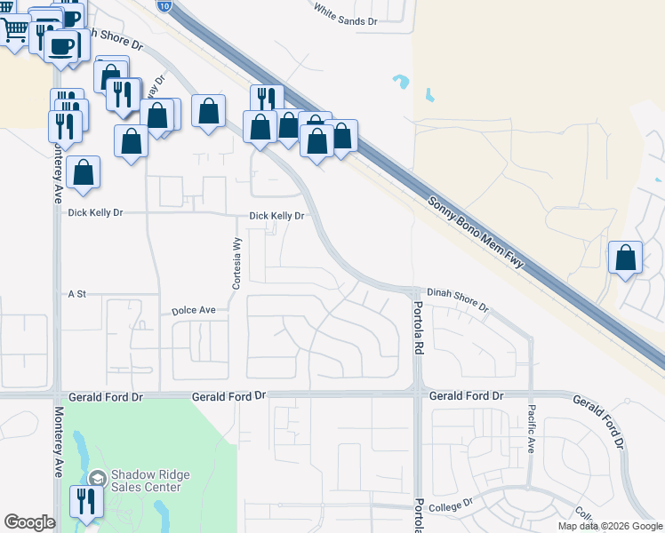 map of restaurants, bars, coffee shops, grocery stores, and more near 73704 Raphael Drive in Palm Desert