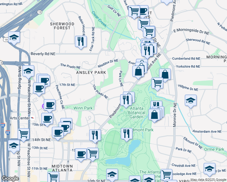 map of restaurants, bars, coffee shops, grocery stores, and more near 171 Westminster Drive Northeast in Atlanta