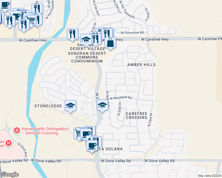 map of restaurants, bars, coffee shops, grocery stores, and more near 33826 North 26th Avenue in Phoenix