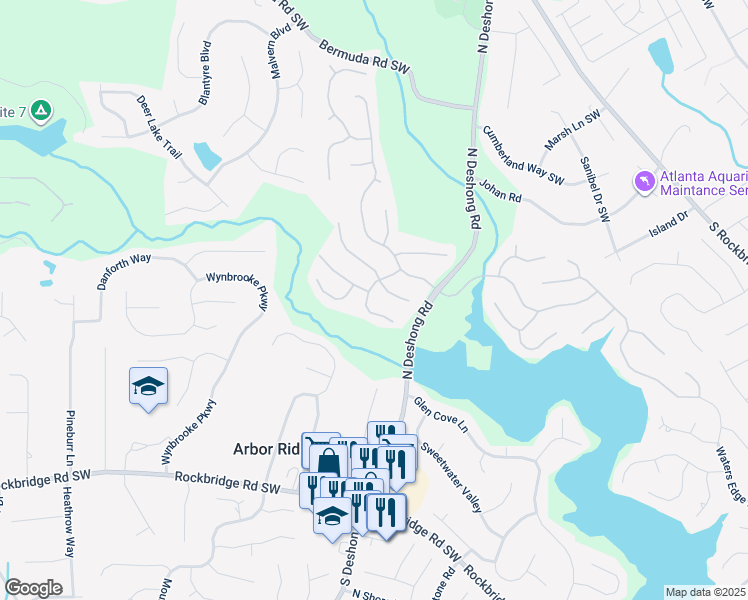 map of restaurants, bars, coffee shops, grocery stores, and more near 542 Creek Stone Lane in Stone Mountain