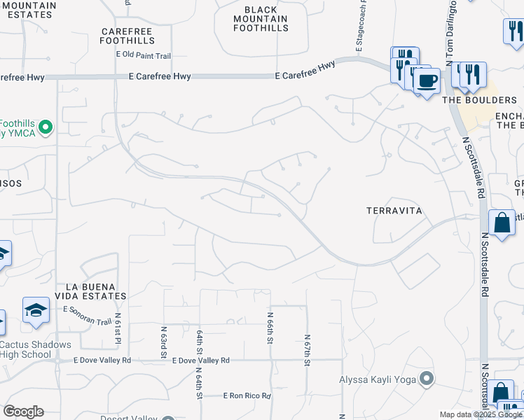 map of restaurants, bars, coffee shops, grocery stores, and more near 6597 Shooting Star Way in Scottsdale