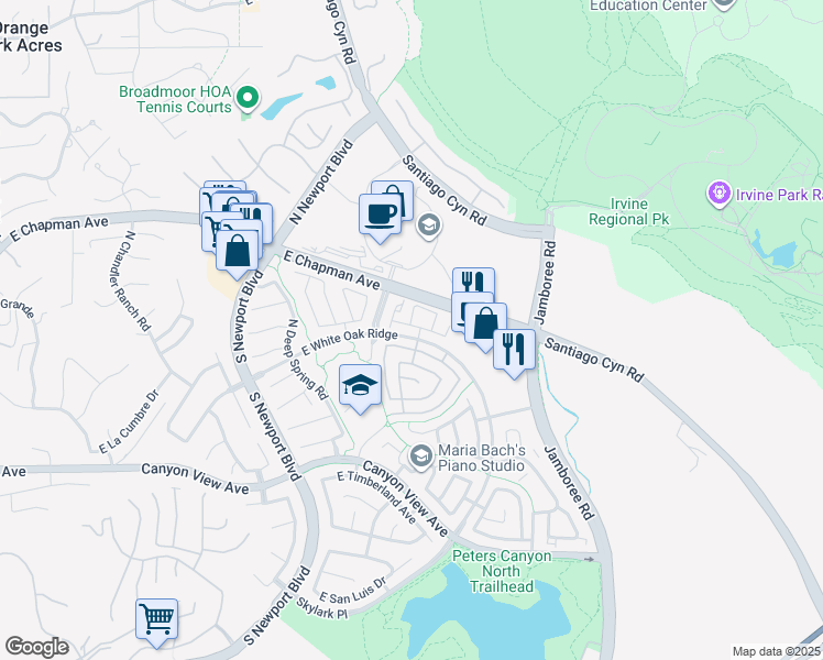 map of restaurants, bars, coffee shops, grocery stores, and more near 8139 East Star Pine Road in Orange