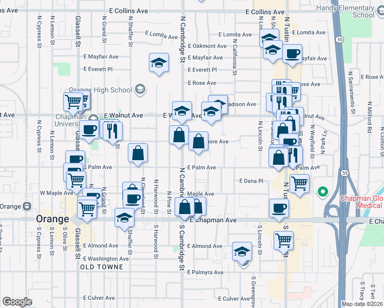 map of restaurants, bars, coffee shops, grocery stores, and more near 325 North Waverly Street in Orange