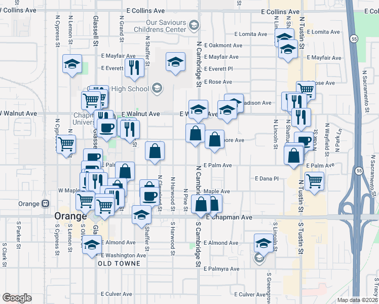map of restaurants, bars, coffee shops, grocery stores, and more near 322 North Cambridge Street in Orange