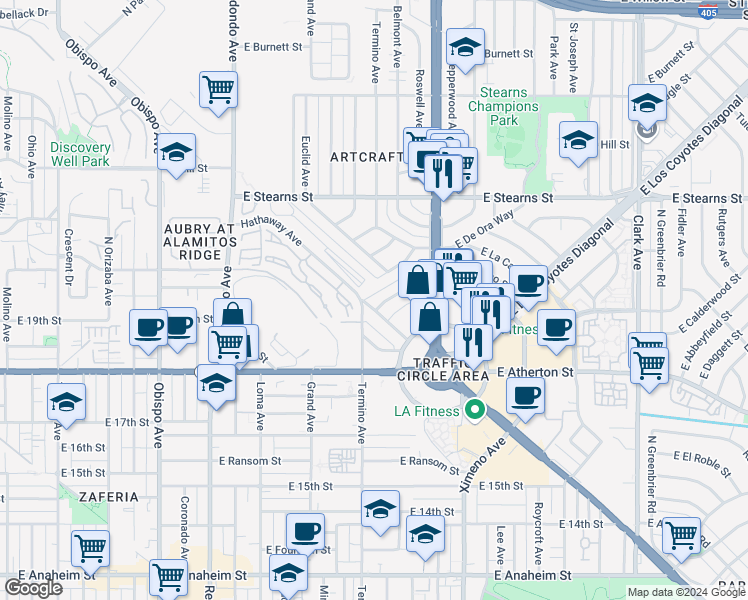 map of restaurants, bars, coffee shops, grocery stores, and more near 4102 Hathaway Avenue in Long Beach