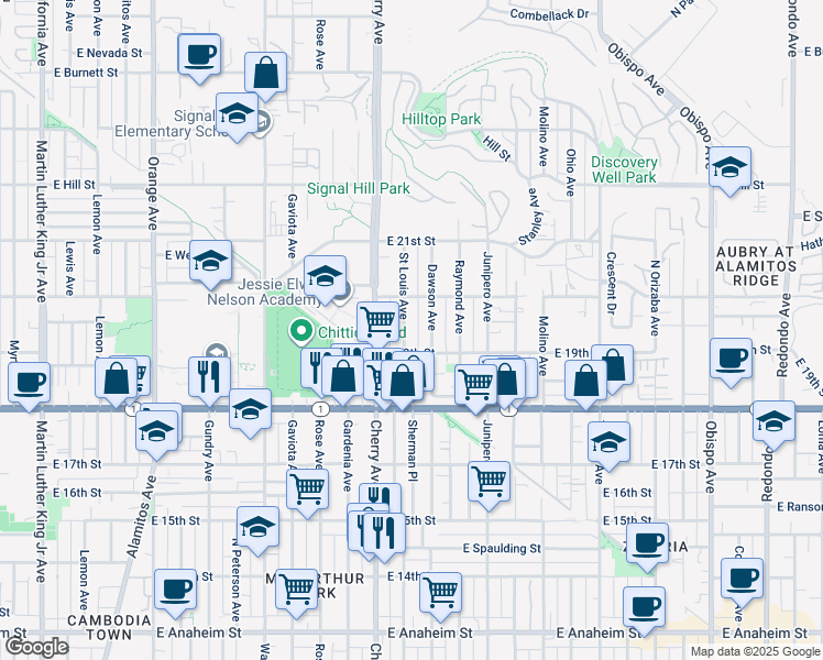 map of restaurants, bars, coffee shops, grocery stores, and more near 1905 Saint Louis Avenue in Signal Hill