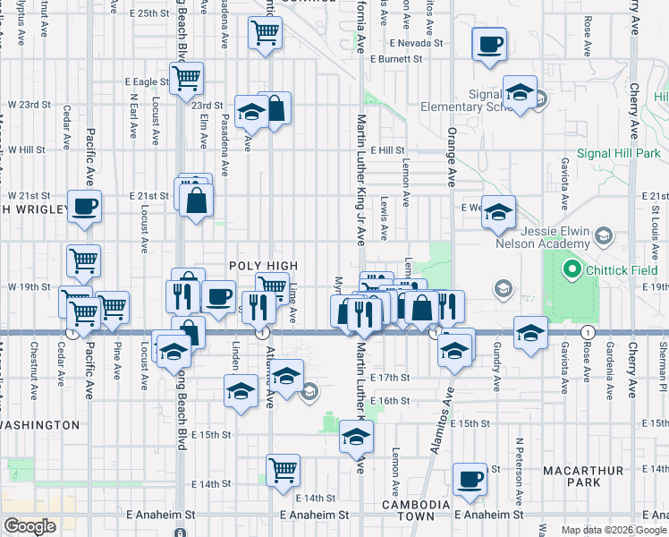 map of restaurants, bars, coffee shops, grocery stores, and more near 1935 Myrtle Avenue in Long Beach