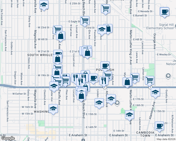 map of restaurants, bars, coffee shops, grocery stores, and more near 345 East 19th Street in Long Beach