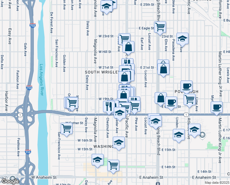 map of restaurants, bars, coffee shops, grocery stores, and more near 1911 Cedar Avenue in Long Beach