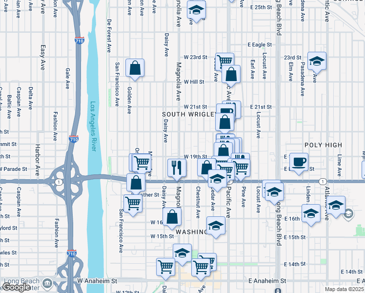 map of restaurants, bars, coffee shops, grocery stores, and more near 1909 Magnolia Avenue in Long Beach