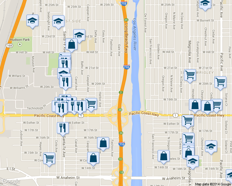map of restaurants, bars, coffee shops, grocery stores, and more near 1901 Fashion Avenue in Long Beach