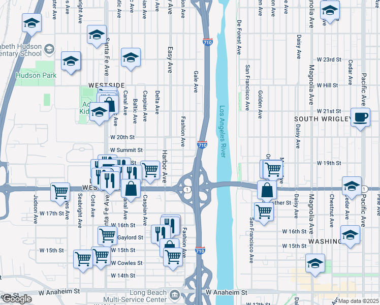 map of restaurants, bars, coffee shops, grocery stores, and more near 1901 Fashion Avenue in Long Beach