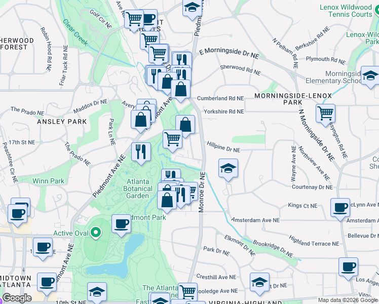 map of restaurants, bars, coffee shops, grocery stores, and more near in Atlanta