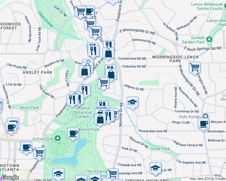map of restaurants, bars, coffee shops, grocery stores, and more near 555 Dutch Valley Road Northeast in Atlanta