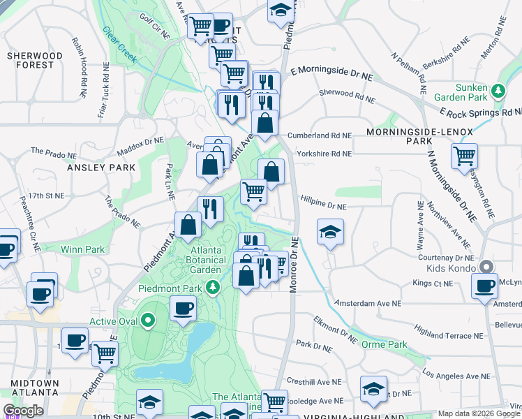 map of restaurants, bars, coffee shops, grocery stores, and more near 555 Dutch Valley Road Northeast in Atlanta