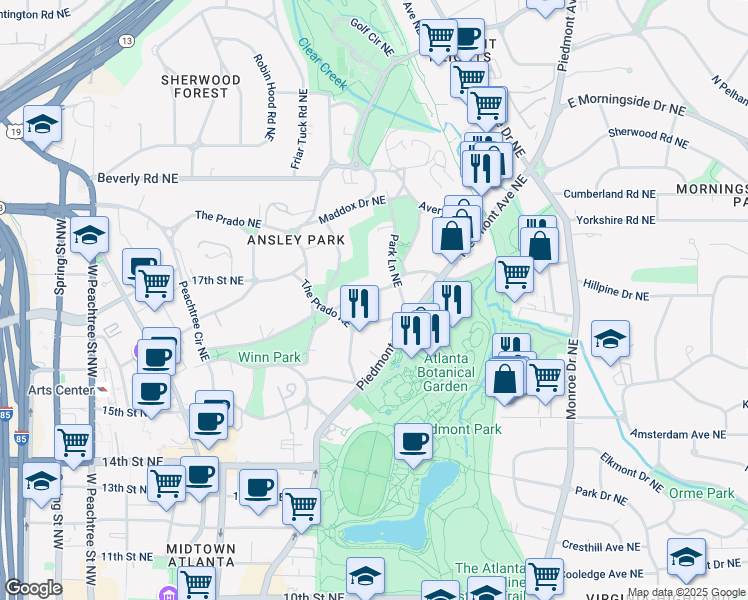 map of restaurants, bars, coffee shops, grocery stores, and more near 171 Westminster Drive Northeast in Atlanta