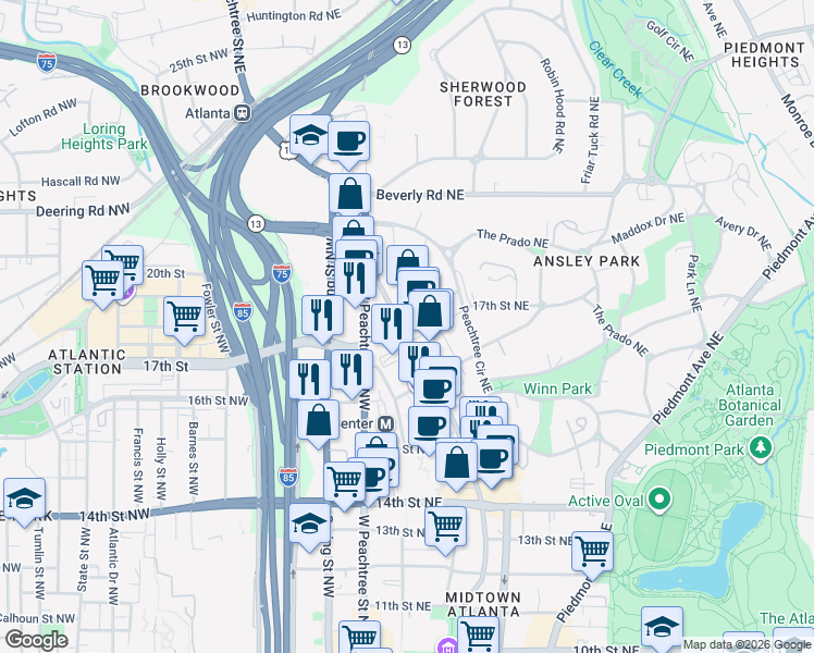 map of restaurants, bars, coffee shops, grocery stores, and more near 1365 Peachtree Street Northeast in Atlanta