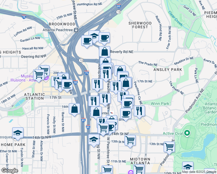 map of restaurants, bars, coffee shops, grocery stores, and more near in Atlanta