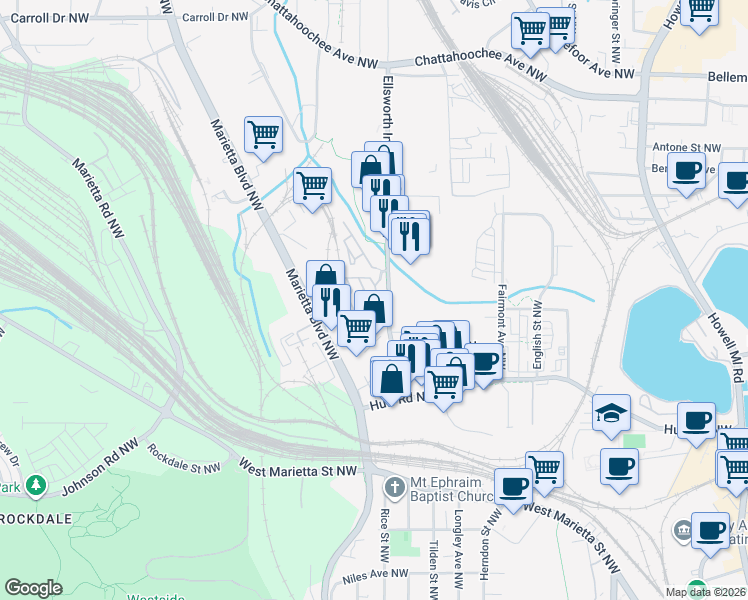 map of restaurants, bars, coffee shops, grocery stores, and more near 1252 Prouve Court Northwest in Atlanta