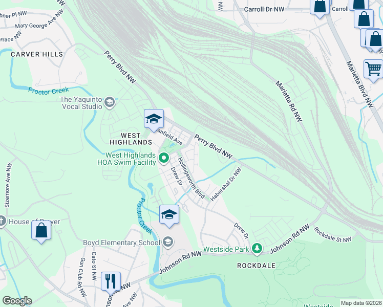 map of restaurants, bars, coffee shops, grocery stores, and more near 1810 Perry Boulevard Northwest in Atlanta