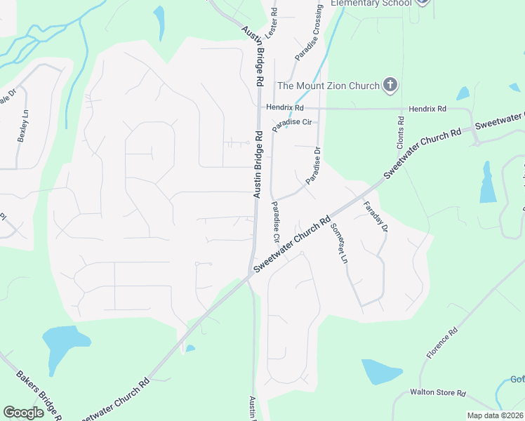 map of restaurants, bars, coffee shops, grocery stores, and more near 2865 Austin Bridge Road in Douglasville