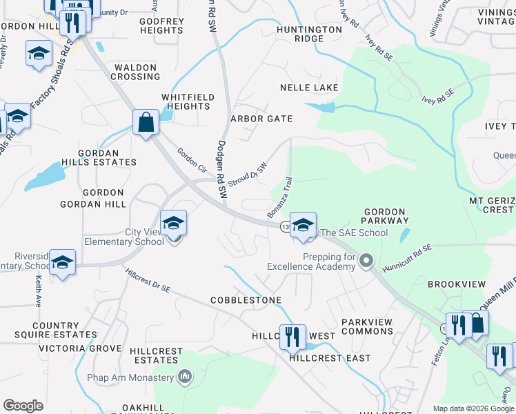 map of restaurants, bars, coffee shops, grocery stores, and more near 6633 Mableton Parkway Southwest in Mableton