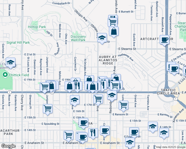 map of restaurants, bars, coffee shops, grocery stores, and more near 1901 Obispo Avenue in Signal Hill