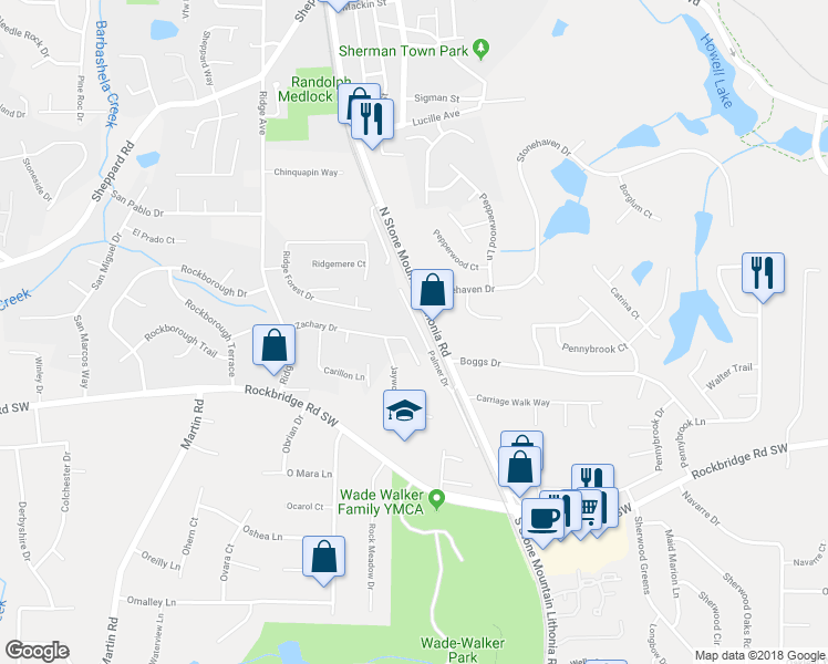 map of restaurants, bars, coffee shops, grocery stores, and more near 5432 Zachary Dr in Stone Mountain