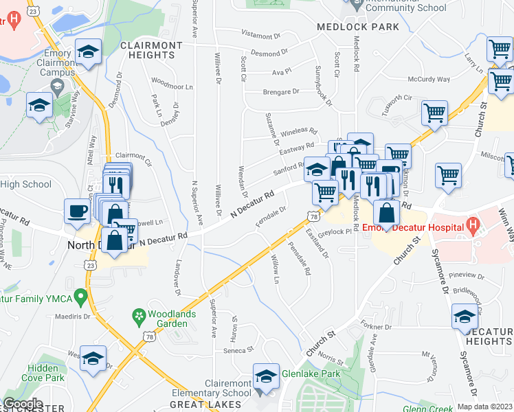 map of restaurants, bars, coffee shops, grocery stores, and more near 2349 North Decatur Road in Decatur
