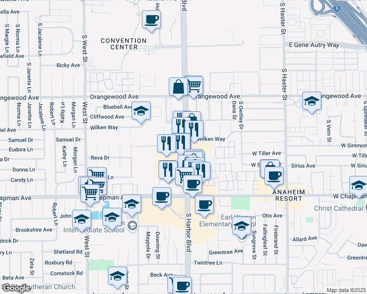 map of restaurants, bars, coffee shops, grocery stores, and more near 13666 Harbor Boulevard in Garden Grove