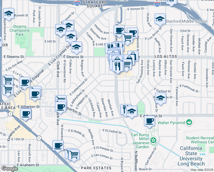 map of restaurants, bars, coffee shops, grocery stores, and more near 6300 East Fairbrook Street in Long Beach