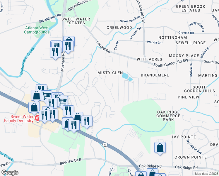 map of restaurants, bars, coffee shops, grocery stores, and more near 6619 Coventry Point in Austell
