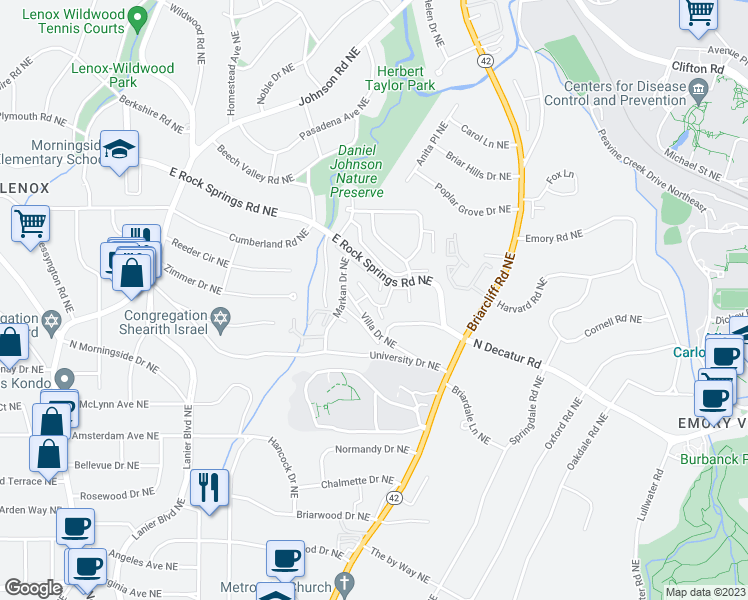 map of restaurants, bars, coffee shops, grocery stores, and more near 2113 Rock Springs Court Northeast in Atlanta