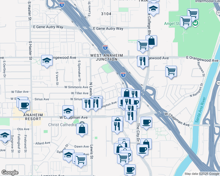 map of restaurants, bars, coffee shops, grocery stores, and more near 2300 Lewis Street in Anaheim
