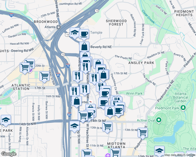 map of restaurants, bars, coffee shops, grocery stores, and more near 1375 Peachtree Street Northeast in Atlanta