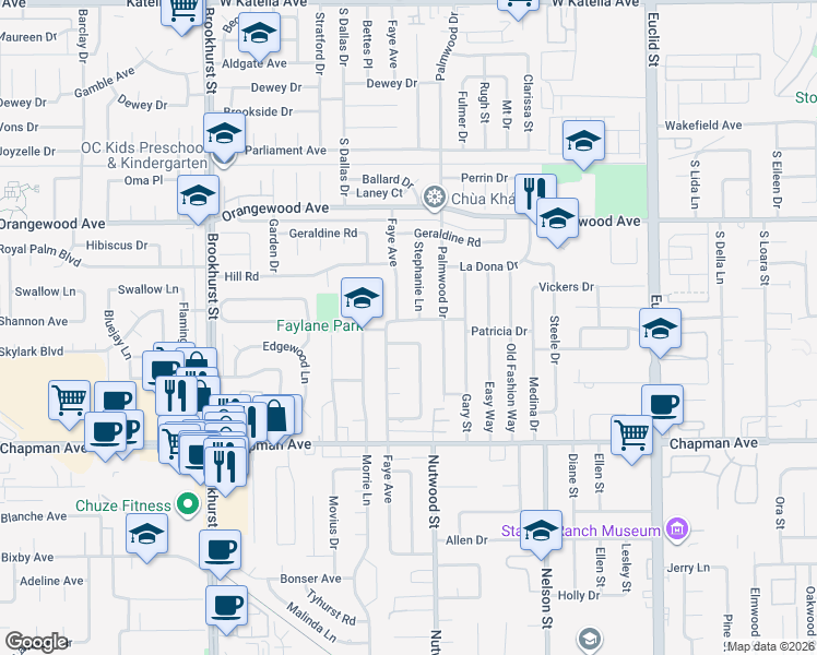 map of restaurants, bars, coffee shops, grocery stores, and more near 10422 Patricia Drive in Garden Grove