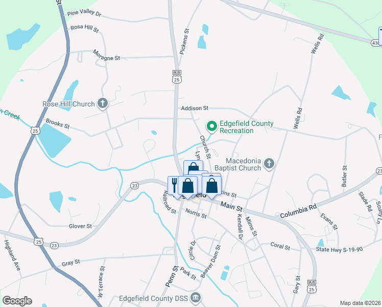map of restaurants, bars, coffee shops, grocery stores, and more near 214-304 Buncombe St in Edgefield