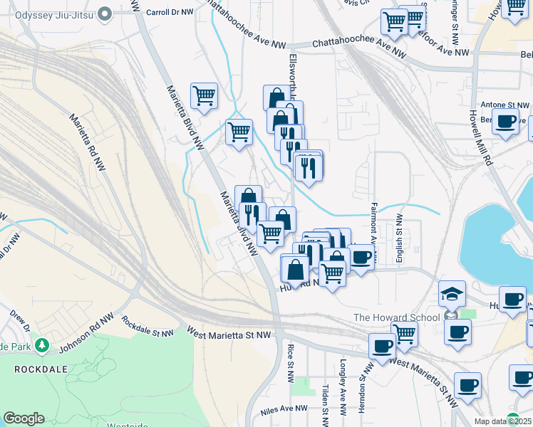 map of restaurants, bars, coffee shops, grocery stores, and more near 1269 Mackintosh Park Northwest in Atlanta