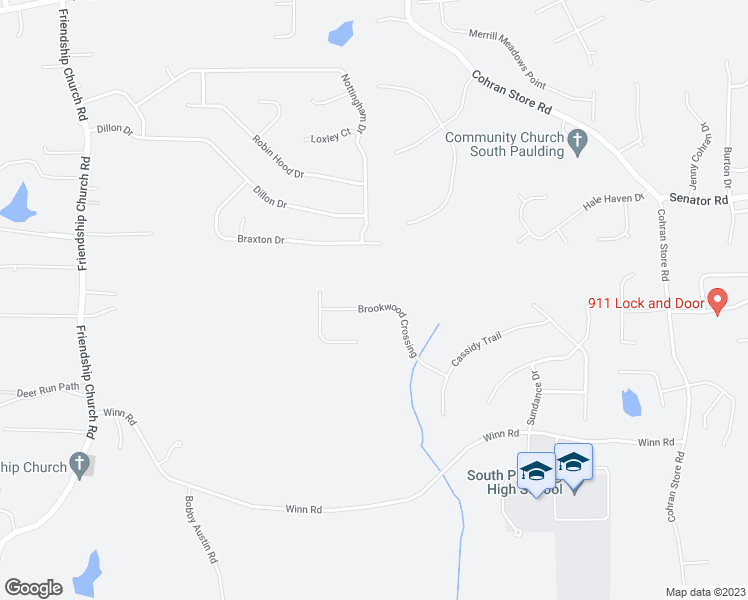 map of restaurants, bars, coffee shops, grocery stores, and more near 276 Brookwood Crossing in Douglasville