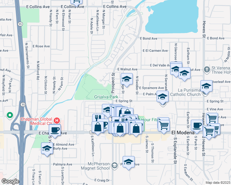 map of restaurants, bars, coffee shops, grocery stores, and more near 3328 East Lochleven Lane in Orange
