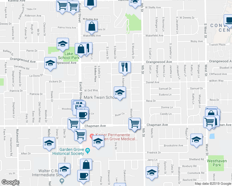 map of restaurants, bars, coffee shops, grocery stores, and more near 2264 South Loara Street in Anaheim