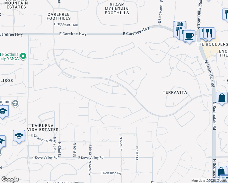 map of restaurants, bars, coffee shops, grocery stores, and more near 6560 Shooting Star Way in Scottsdale