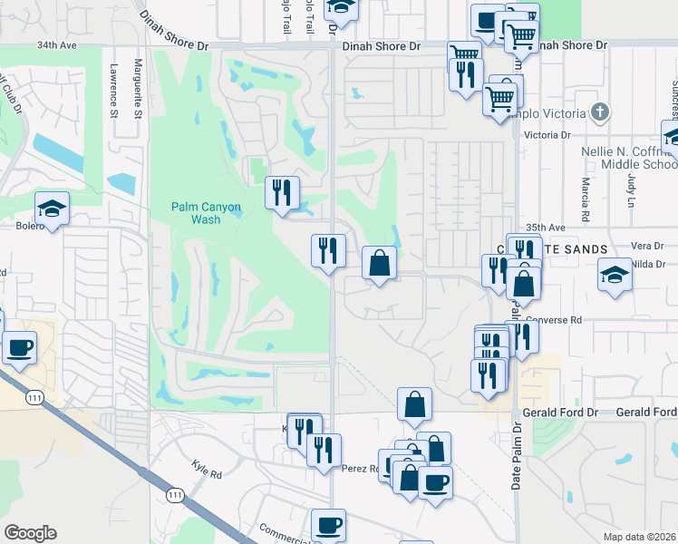 map of restaurants, bars, coffee shops, grocery stores, and more near 68513 Calle Alcazar in Cathedral City