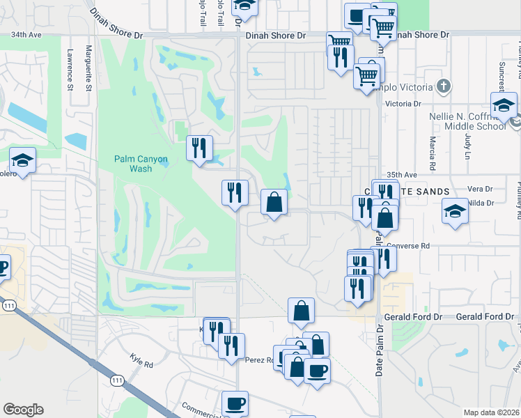 map of restaurants, bars, coffee shops, grocery stores, and more near 68541 Calle Alcazar in Cathedral City
