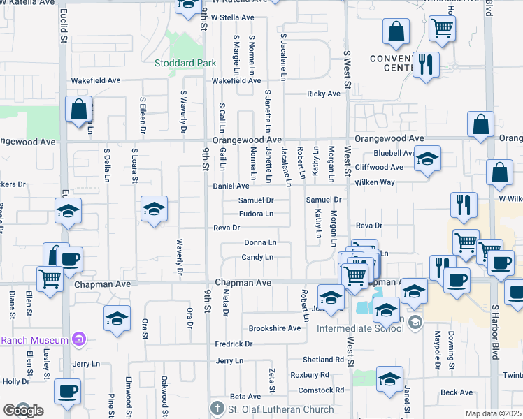 map of restaurants, bars, coffee shops, grocery stores, and more near 11732 Eudora Lane in Garden Grove